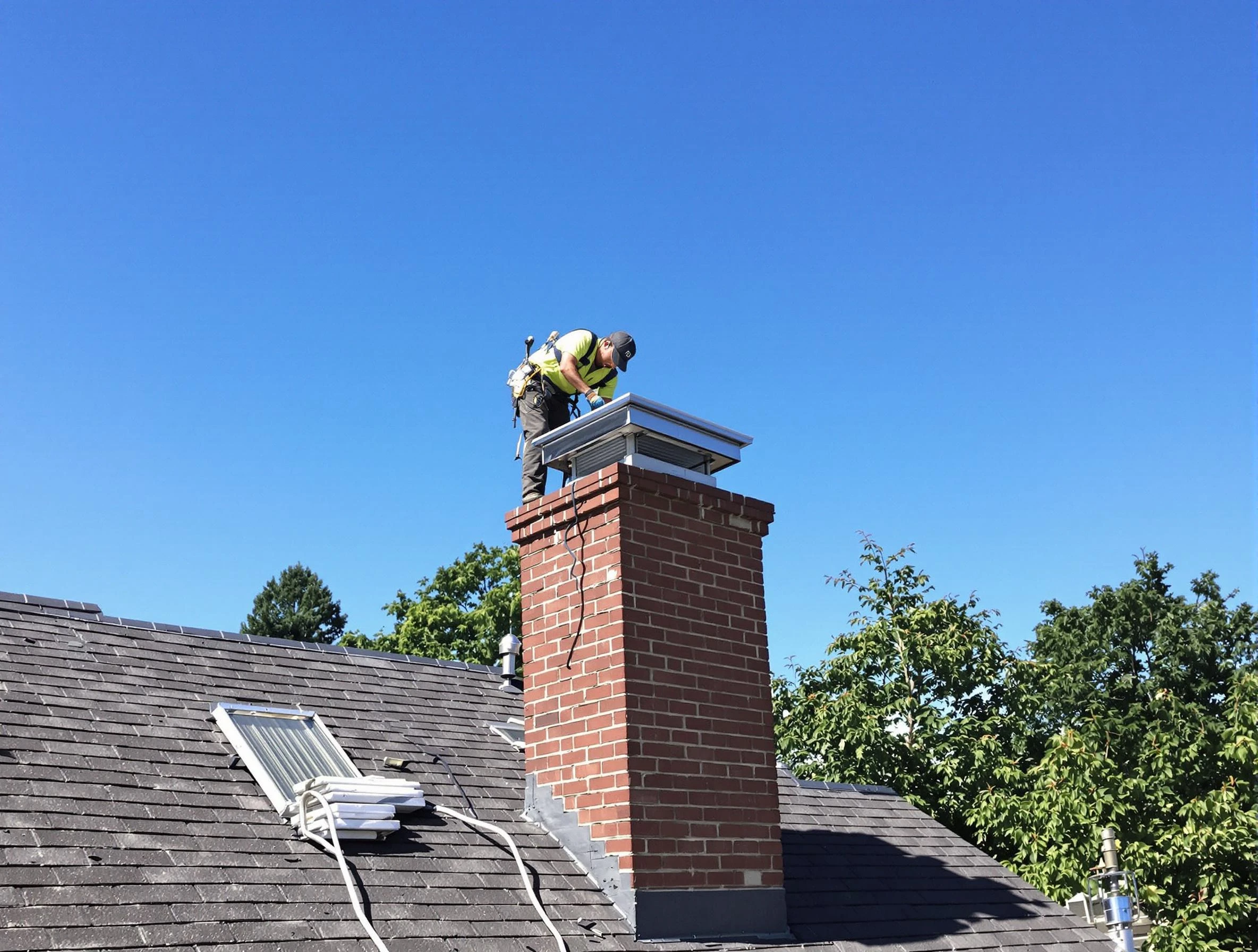 Castle Rock Chimney Sweep technician measuring a chimney cap in Castle Rock, CO